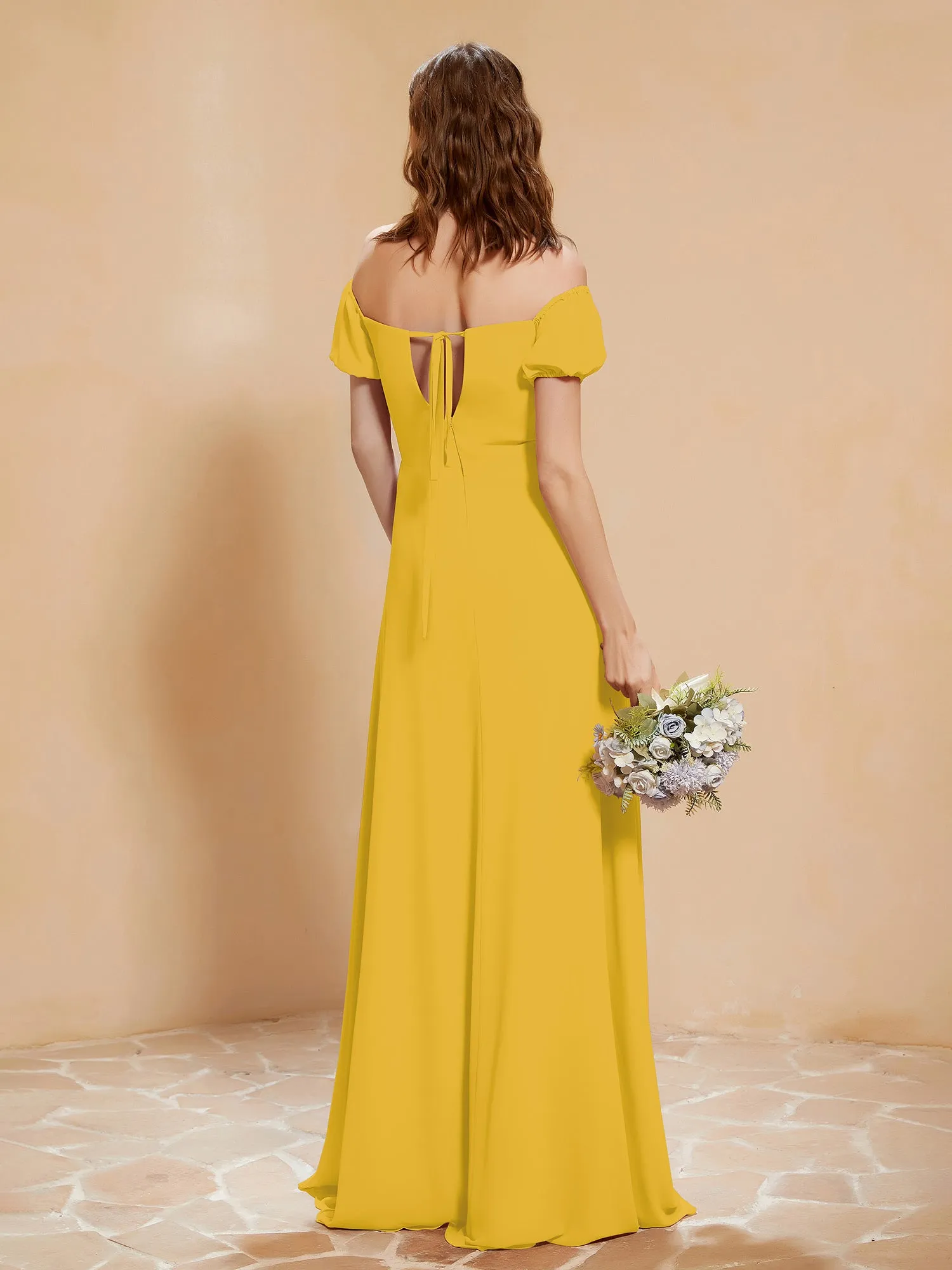 Half Sleeve Backless A-line Chiffon Dress Marigold Plus Size