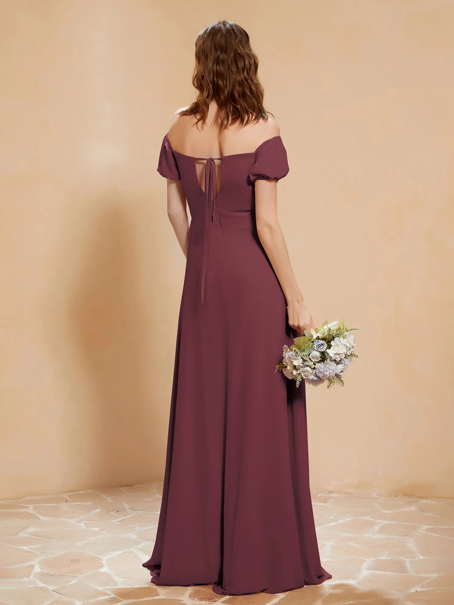 Half Sleeve Backless A-line Chiffon Dress Mulberry