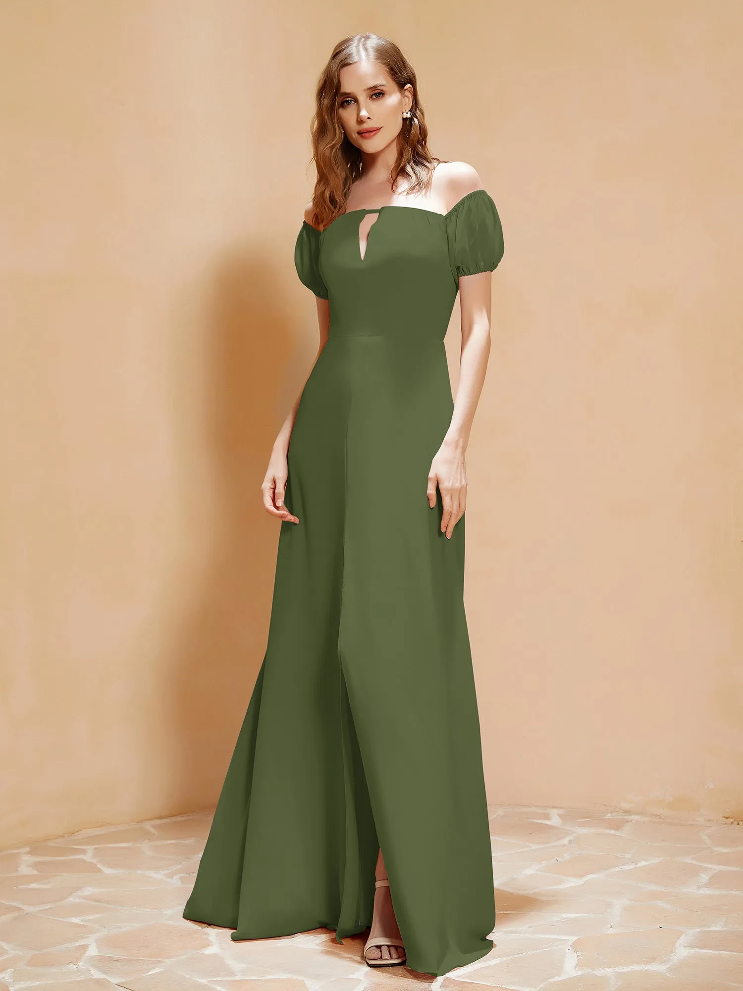 Half Sleeve Backless A-line Chiffon Dress Olive Green Plus Size