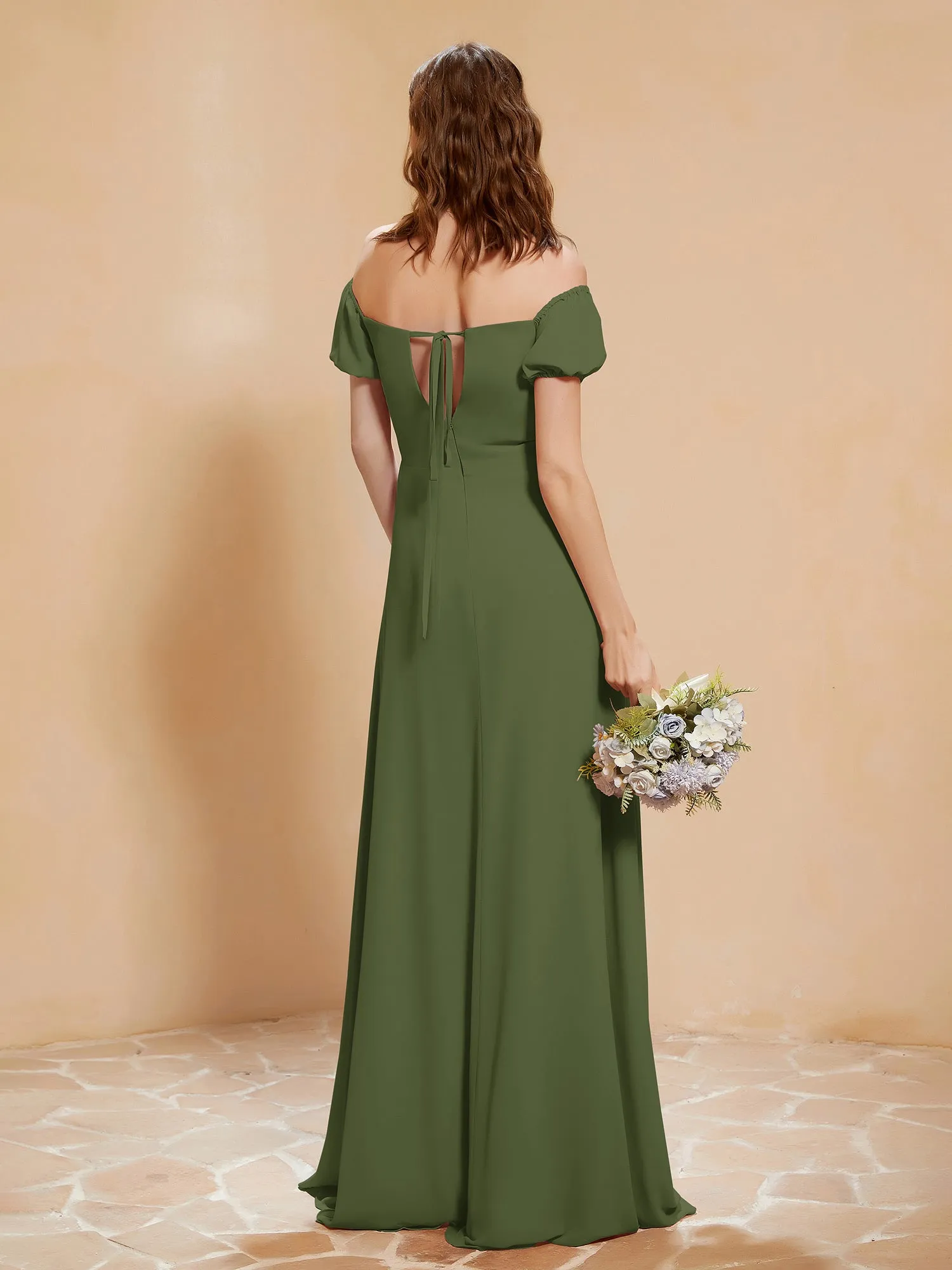 Half Sleeve Backless A-line Chiffon Dress Olive Green Plus Size