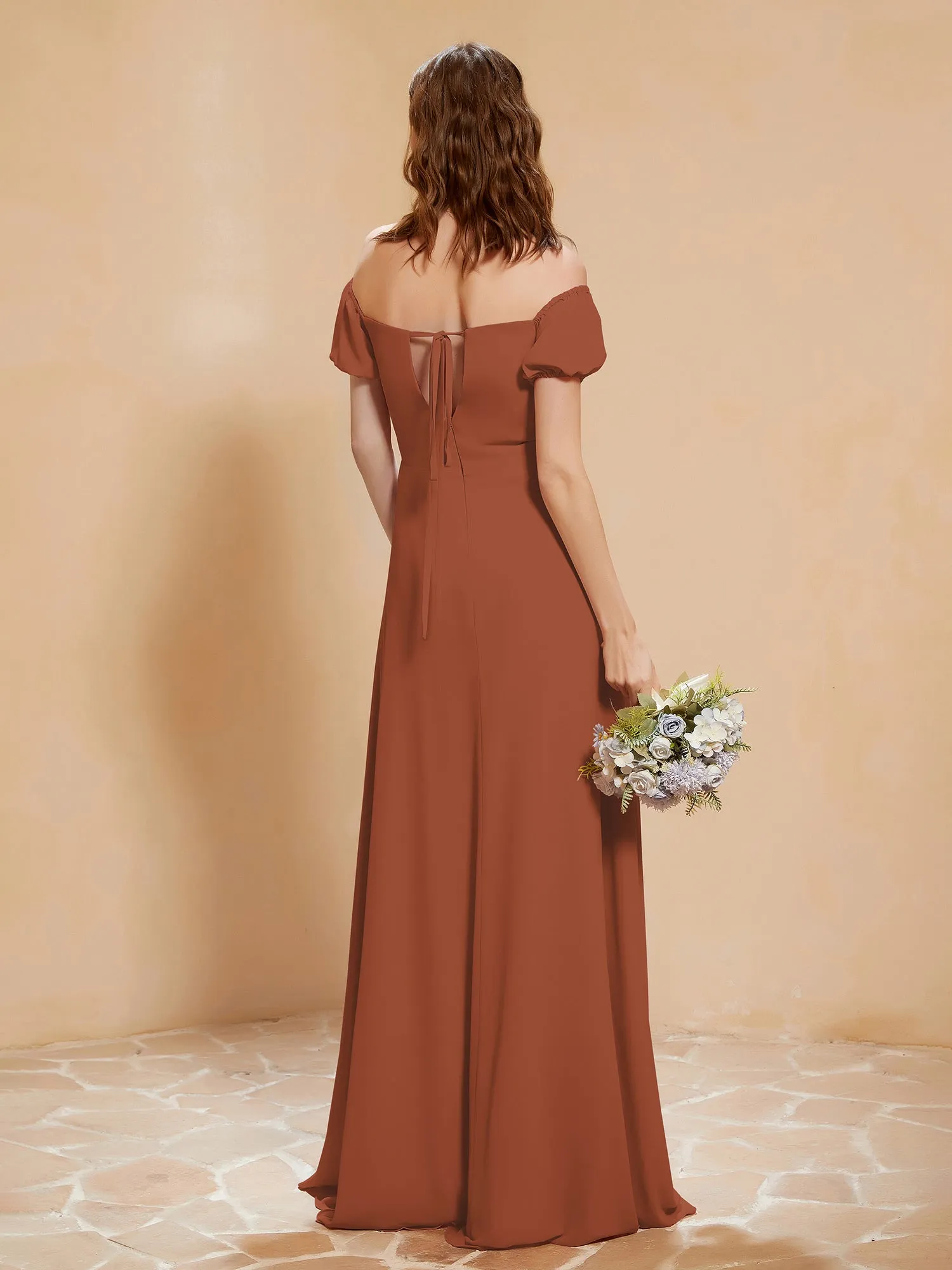 Half Sleeve Backless A-line Chiffon Dress Rust Plus Size