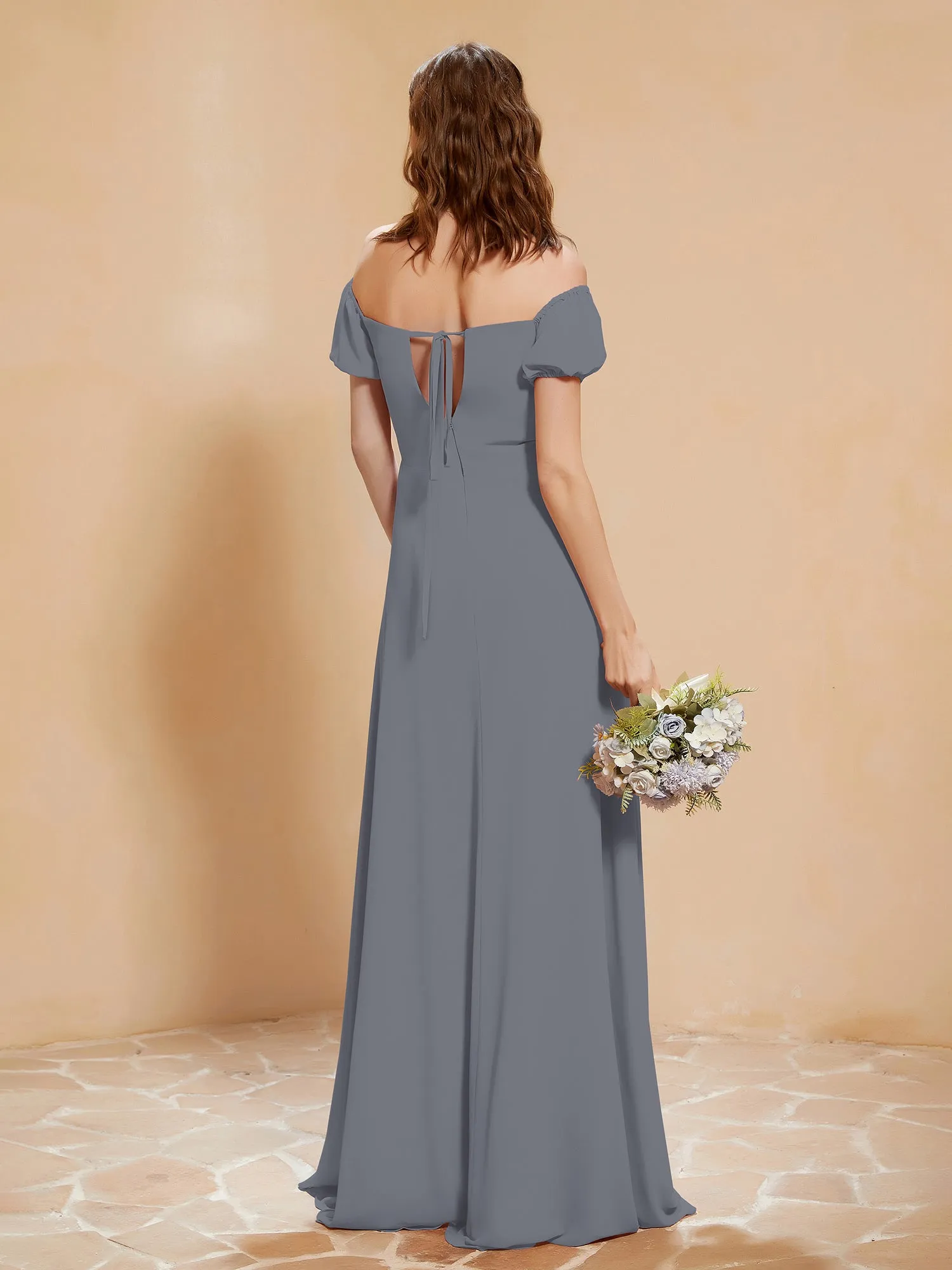 Half Sleeve Backless A-line Chiffon Dress Steel Grey