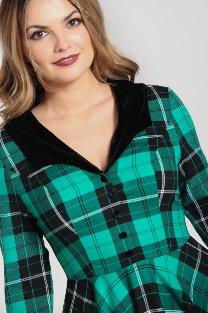 Hell Bunny Beryl Mid Dress 3/4 Sleeves Black and Green Tartan