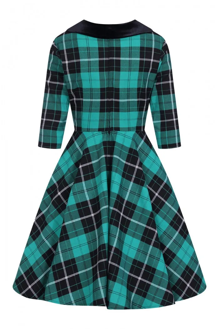 Hell Bunny Beryl Mid Dress 3/4 Sleeves Black and Green Tartan