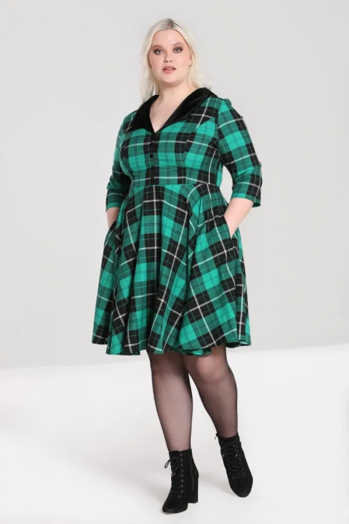 Hell Bunny Beryl Mid Dress 3/4 Sleeves Black and Green Tartan