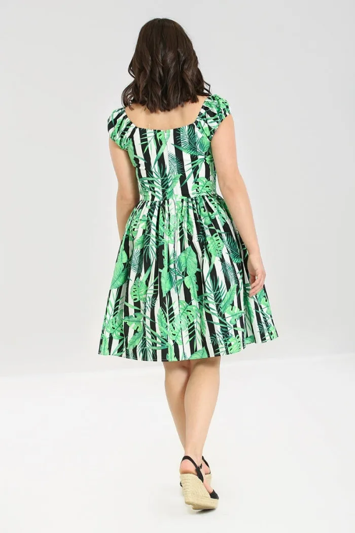 Hell Bunny Solana Mid Dress Striped and Tropical Leaves