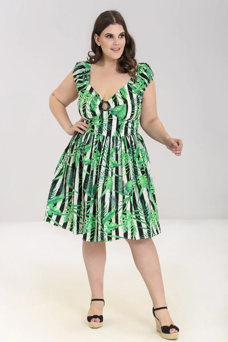 Hell Bunny Solana Mid Dress Striped and Tropical Leaves