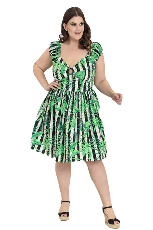 Hell Bunny Solana Mid Dress Striped and Tropical Leaves