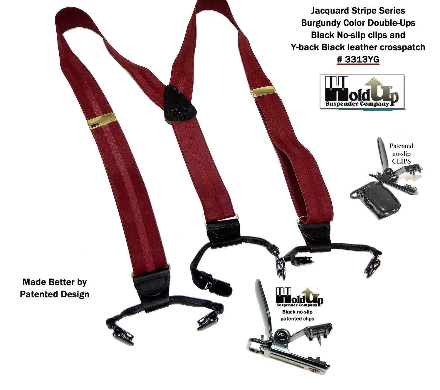 Holdup Brand Rich Burgundy on Burgundy Jacquard Weave Striped Double-up Style Y-back suspenders with USA Patented No-slip clips