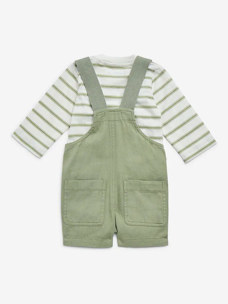 HOP Baby Olive Animal Design Cotton Dungaree & T-Shirt Set