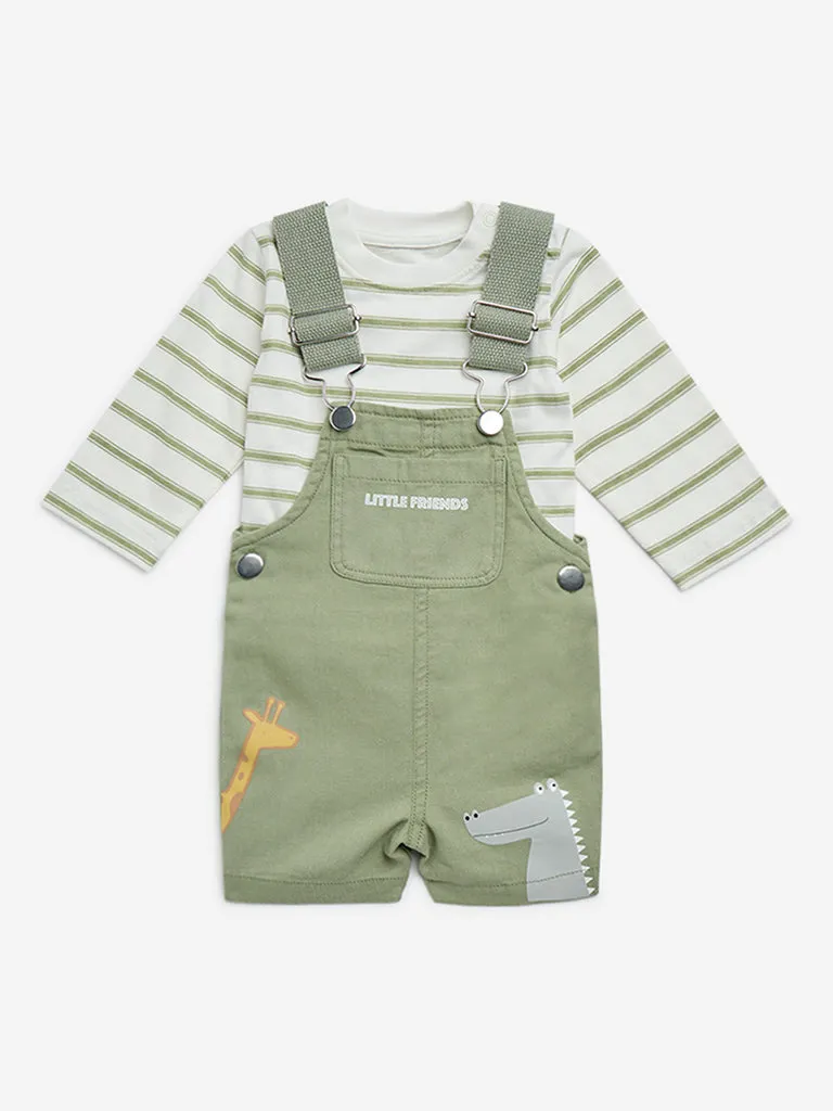 HOP Baby Olive Animal Design Cotton Dungaree & T-Shirt Set