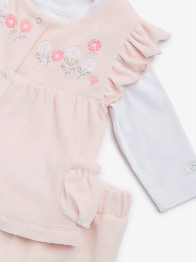 HOP Baby Pink Floral Embroidered Cotton Blend Dress, T-Shirt and Mid-Rise Pants Set