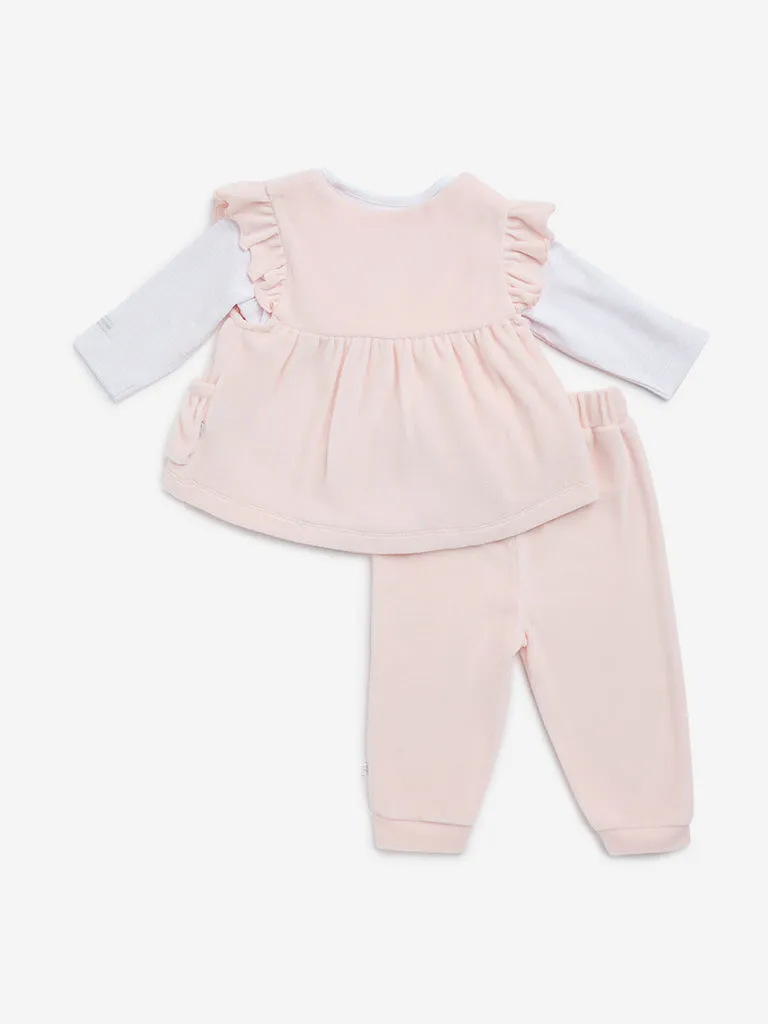 HOP Baby Pink Floral Embroidered Cotton Blend Dress, T-Shirt and Mid-Rise Pants Set