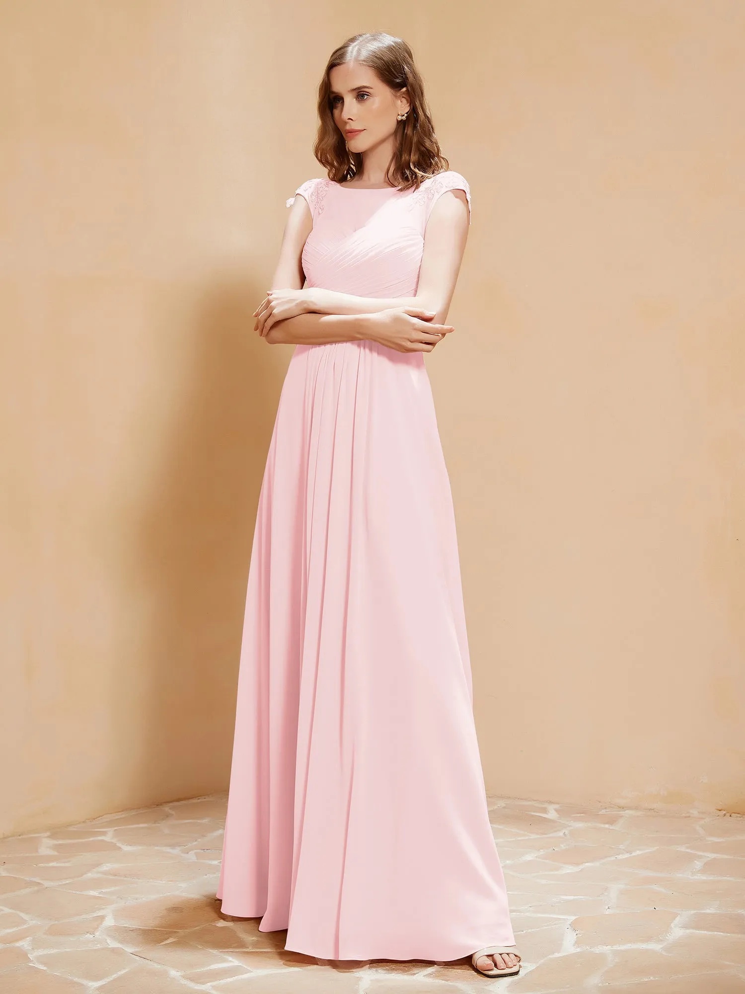 Illusion Neck Cap Sleeve Chiffon Lace Dress Blushing Pink