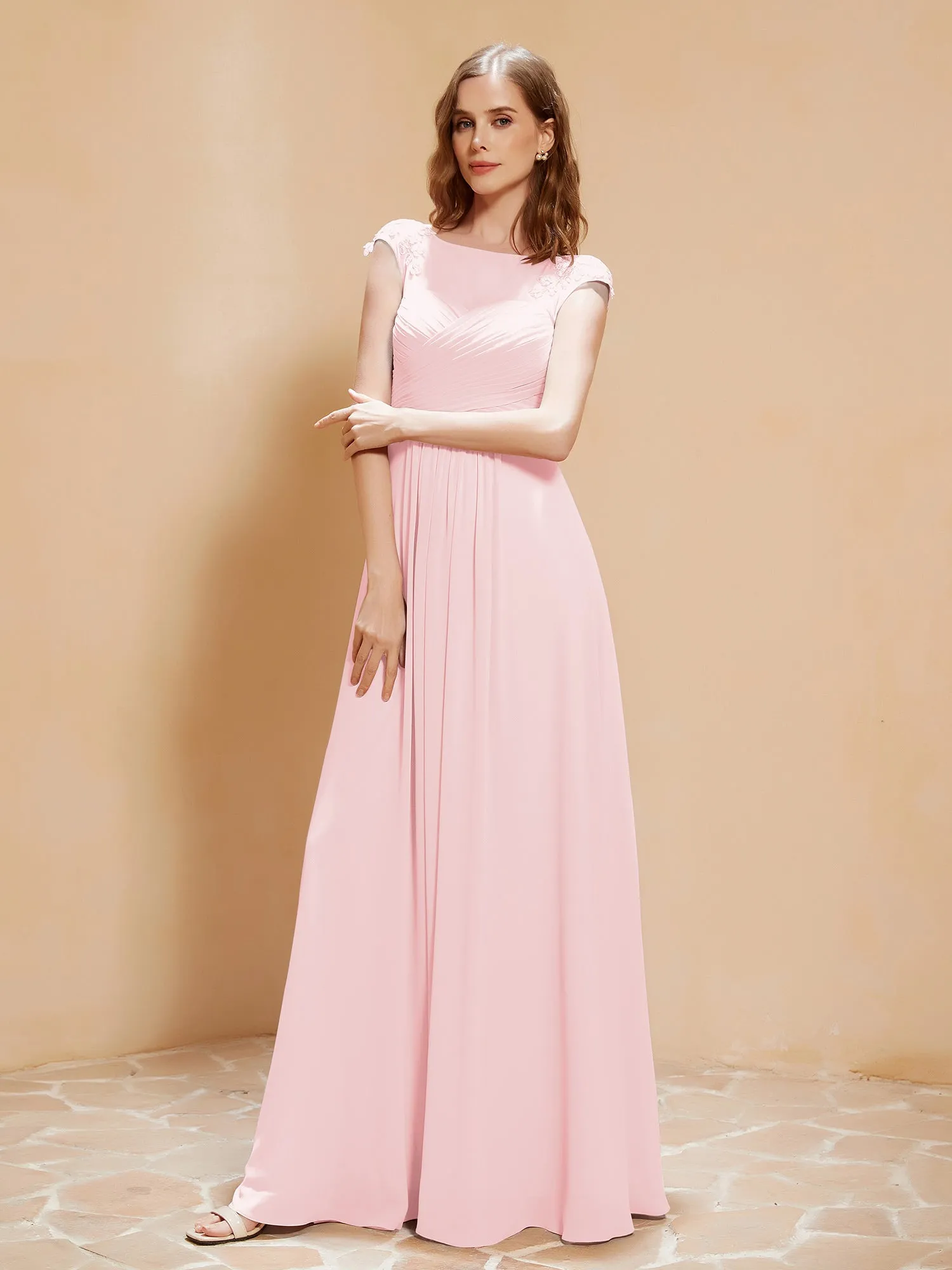 Illusion Neck Cap Sleeve Chiffon Lace Dress Blushing Pink