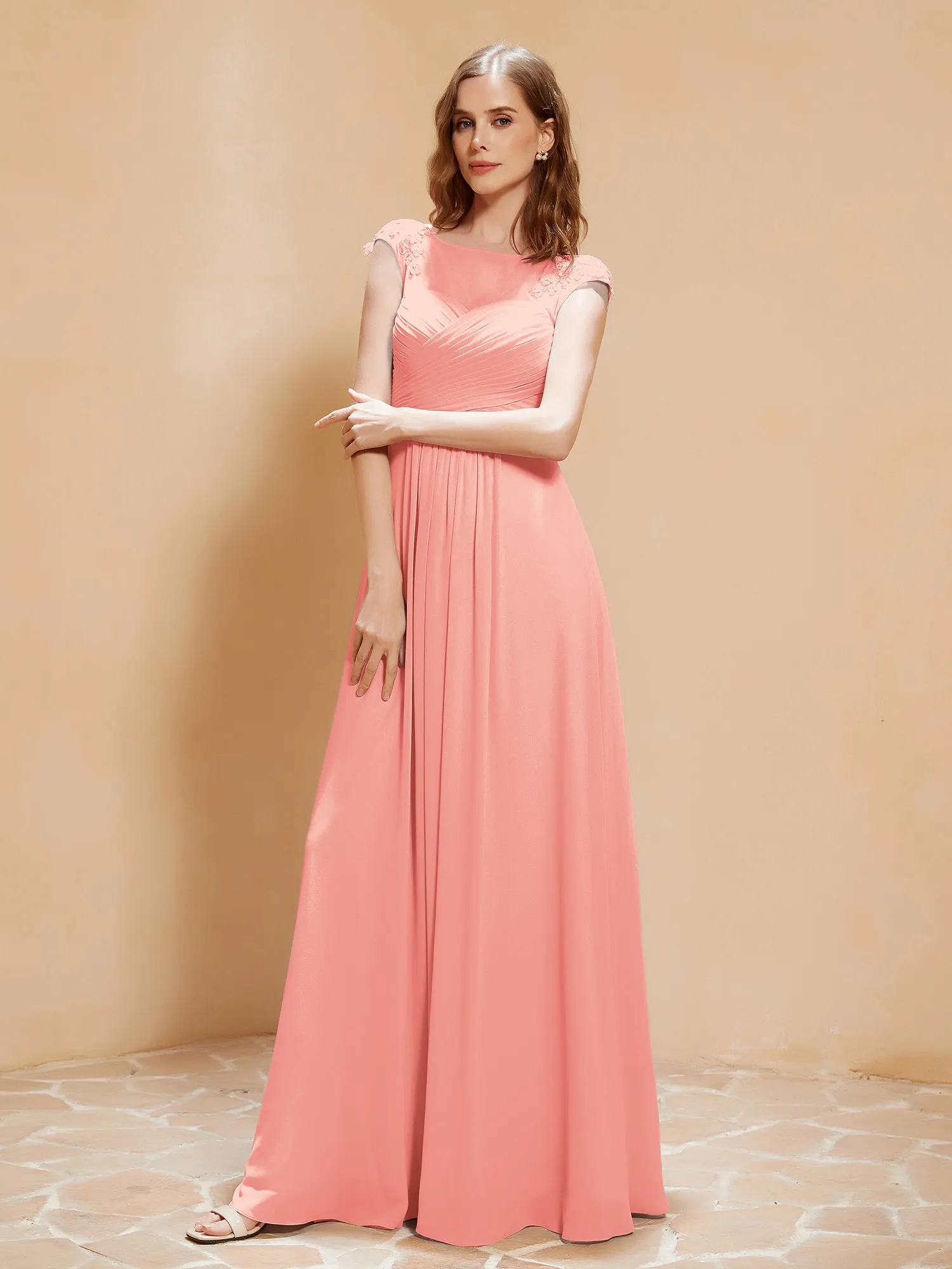 Illusion Neck Cap Sleeve Chiffon Lace Dress Coral Plus size