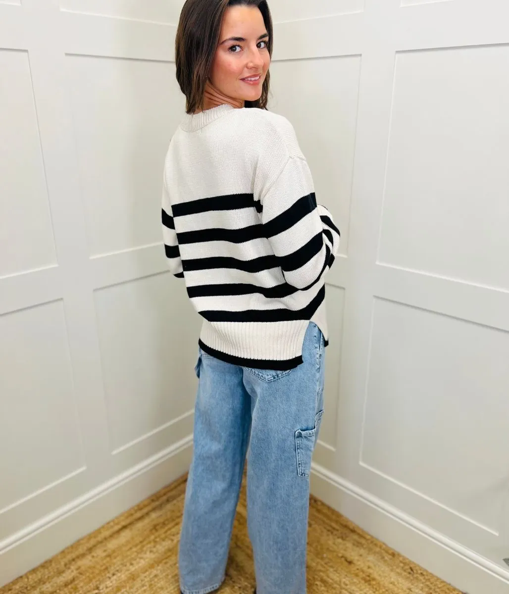 Ivory Striped Button Shoulder Jumper