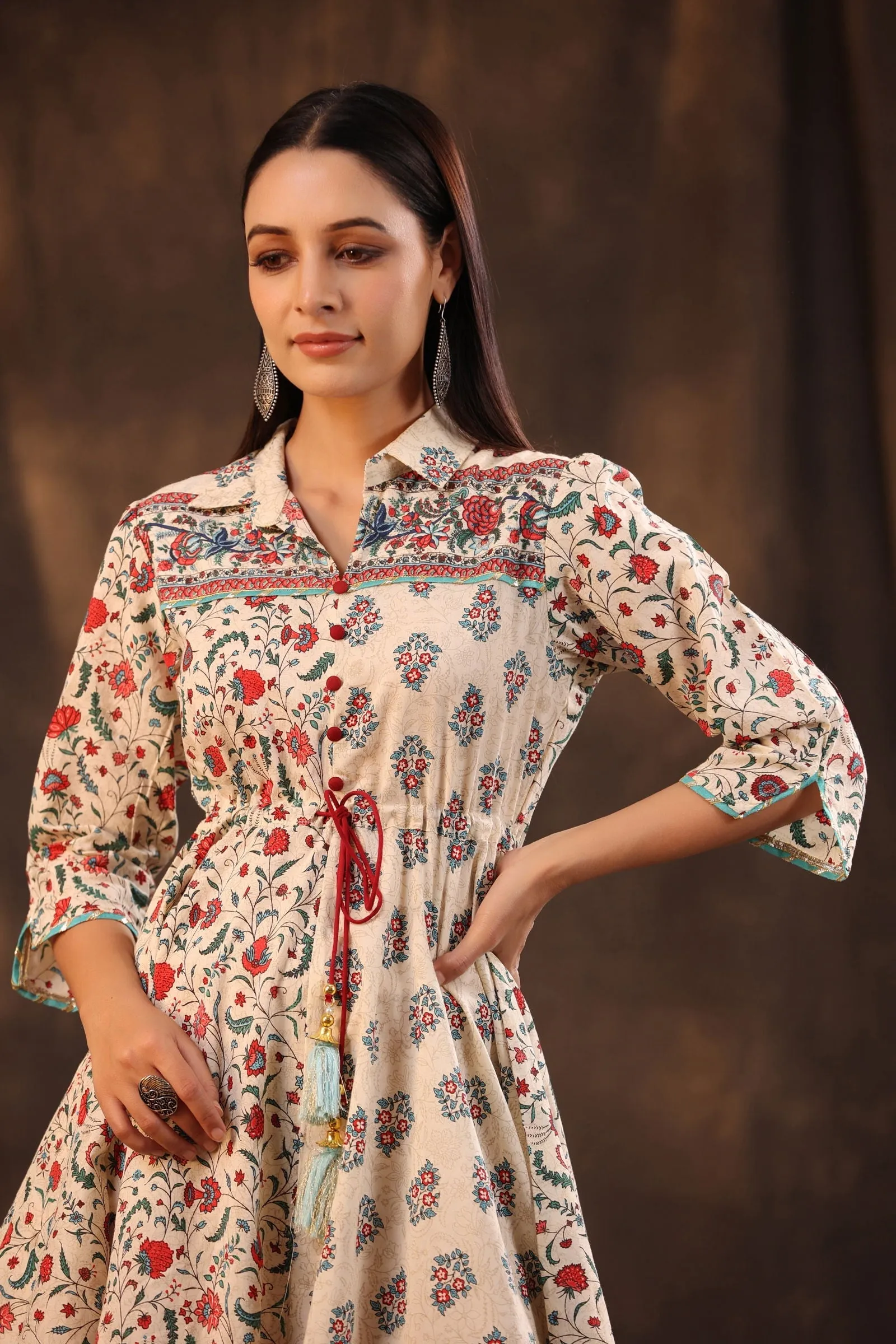 Jashvi Beige Pure Cotton Floral Printed Asymmetric Dress With Buttons.