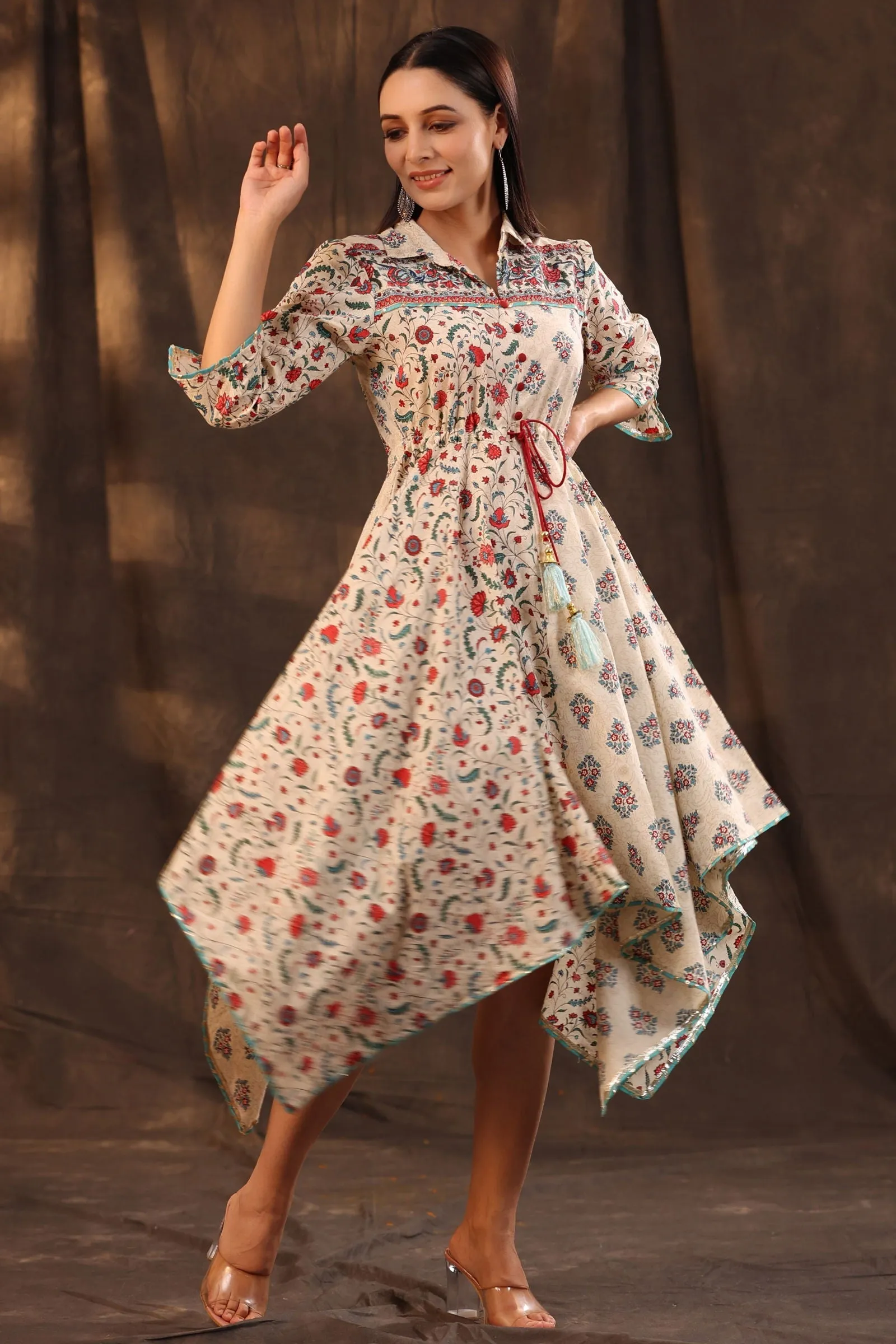 Jashvi Beige Pure Cotton Floral Printed Asymmetric Dress With Buttons.