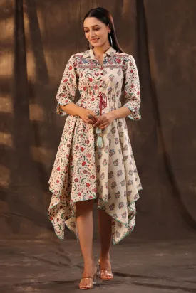 Jashvi Beige Pure Cotton Floral Printed Asymmetric Dress With Buttons.