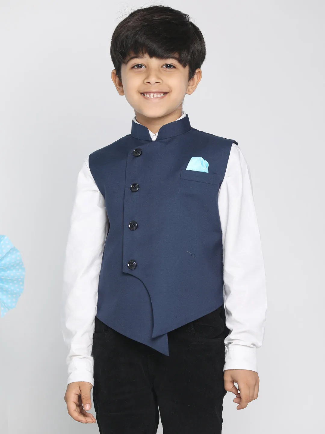 Jashvi Boy's Blue Cotton Blend Twill Nehru Jacket