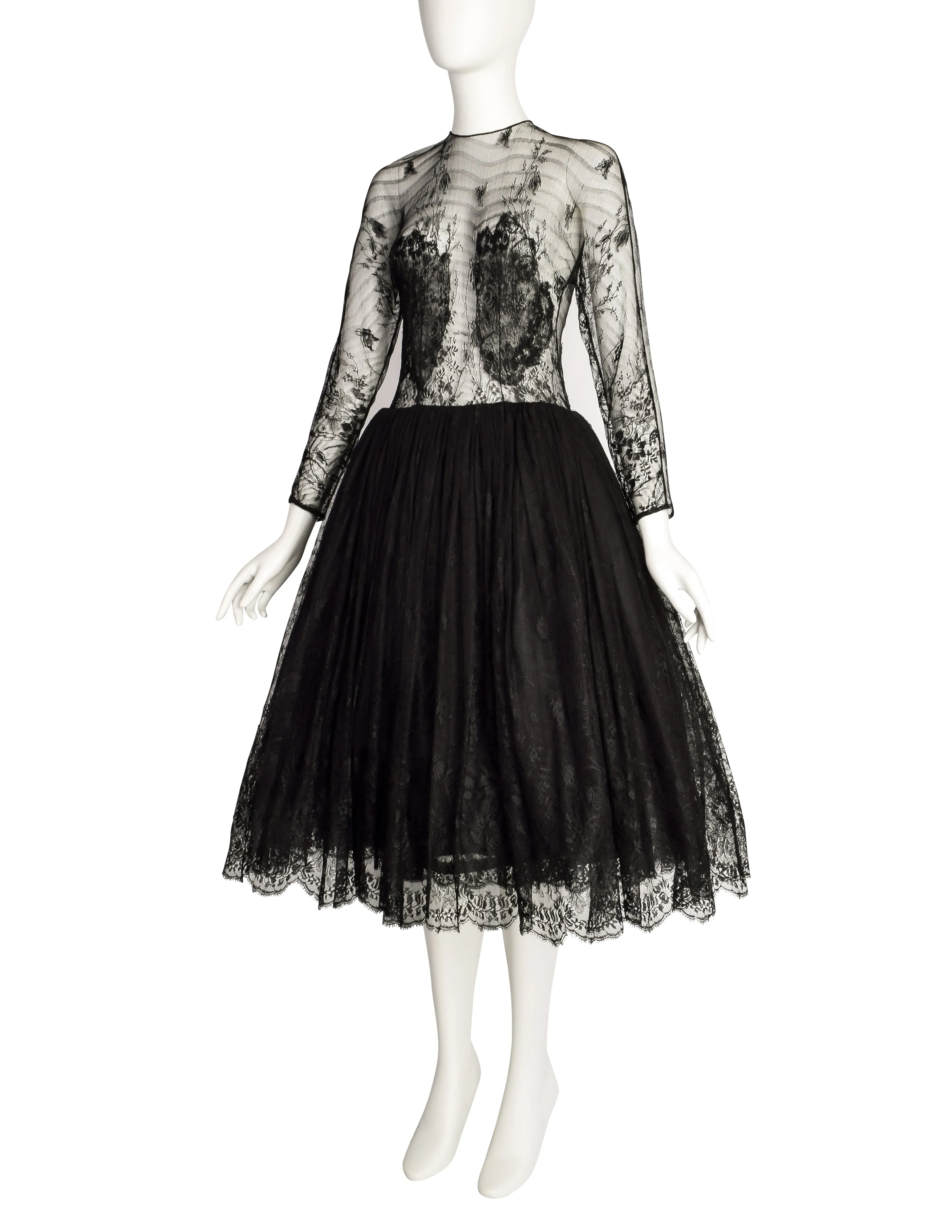 John Anthony Vintage Couture Black Floral Lace Sheer Bodice Full Skirt Dress