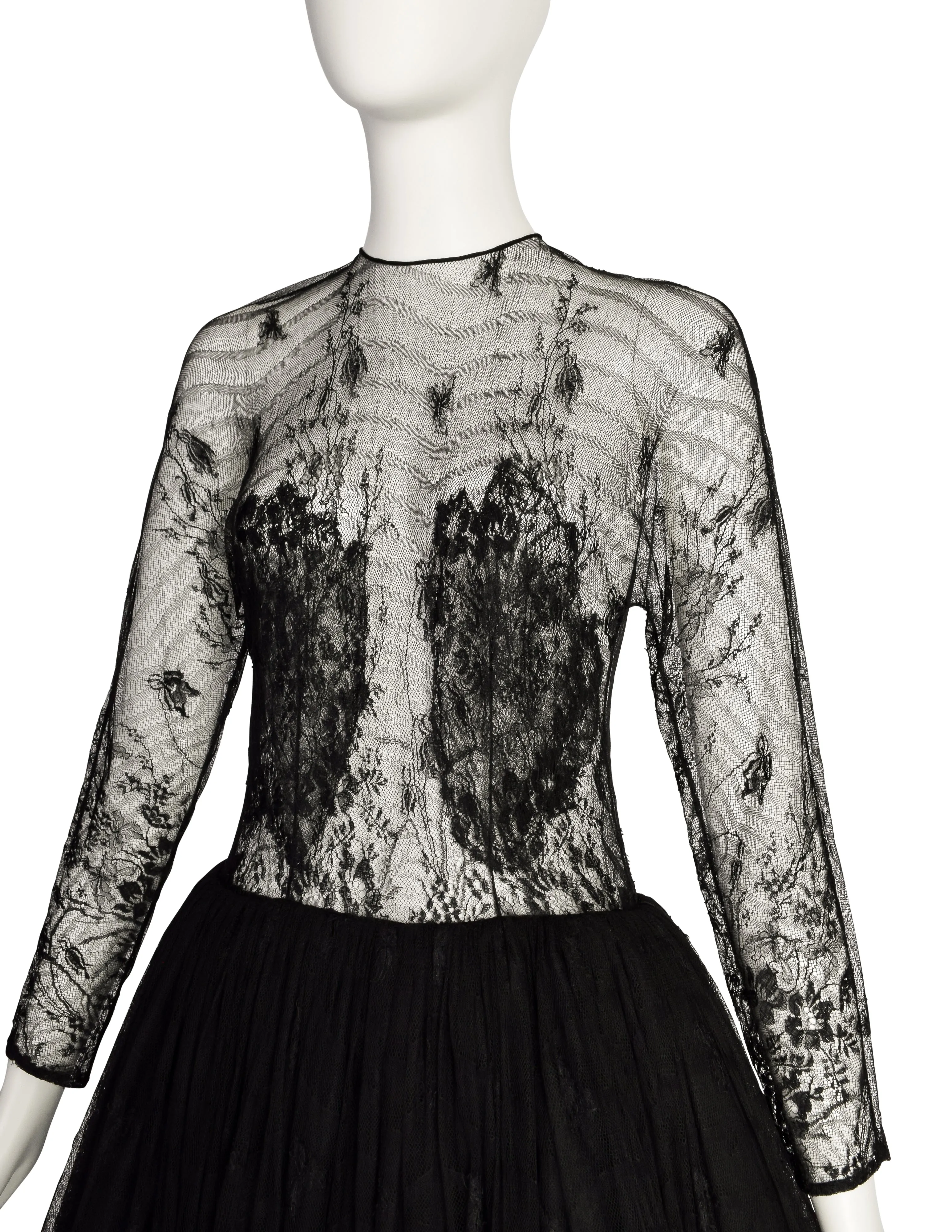 John Anthony Vintage Couture Black Floral Lace Sheer Bodice Full Skirt Dress