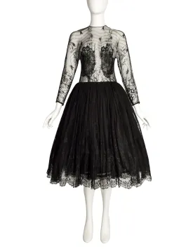 John Anthony Vintage Couture Black Floral Lace Sheer Bodice Full Skirt Dress