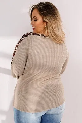 Khaki Plus Size Leopard Splicing Waffle Knit Top