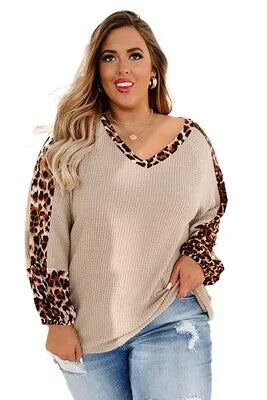 Khaki Plus Size Leopard Splicing Waffle Knit Top