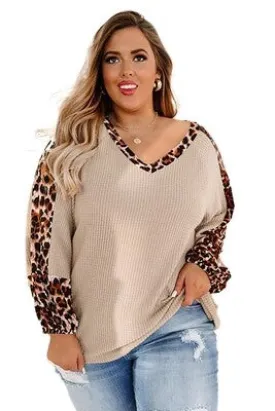 Khaki Plus Size Leopard Splicing Waffle Knit Top