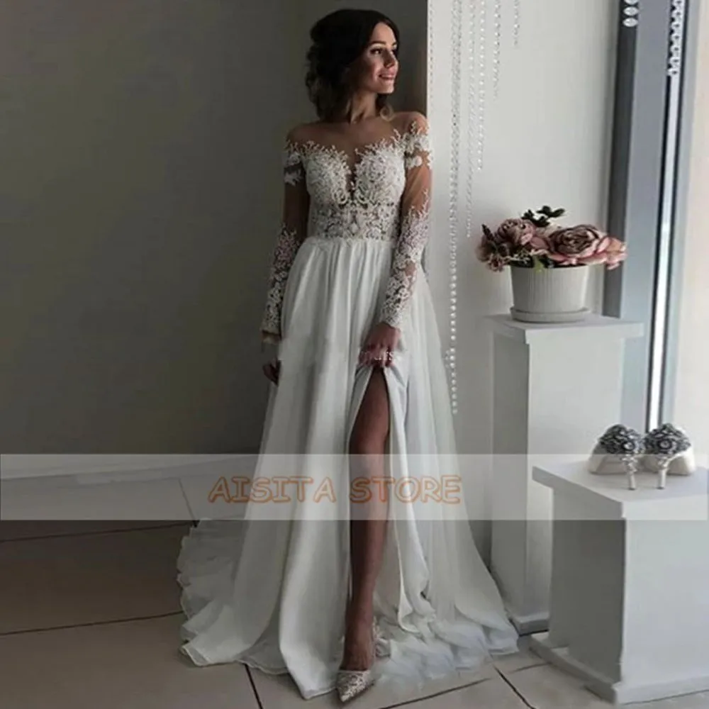 Lace Appliques Wedding Dresses 2021 Off the Shoulder A-Line High Side Slit Long Sleeve Chiffon Court Train Beach Bridal Gowns