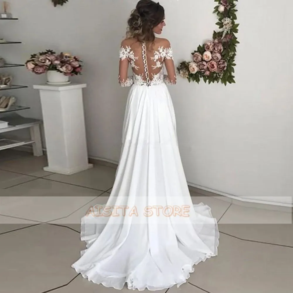 Lace Appliques Wedding Dresses 2021 Off the Shoulder A-Line High Side Slit Long Sleeve Chiffon Court Train Beach Bridal Gowns