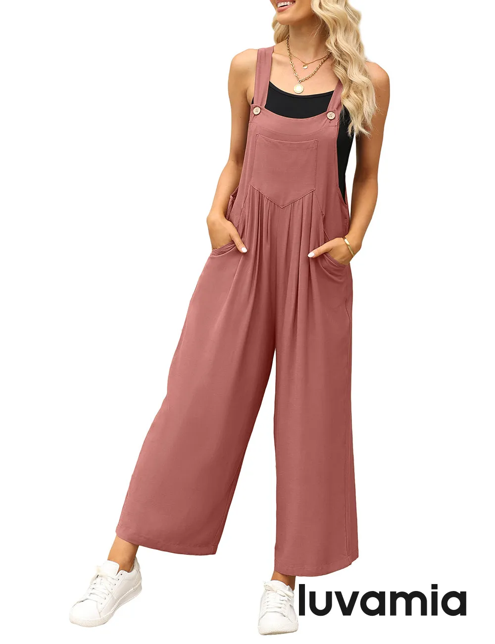 luvamia Jumpsuits for Women Casual Loose Wide Leg Boho Overall Jumpsuit Baggy Summer Outfits with Pockets Bib Overalls