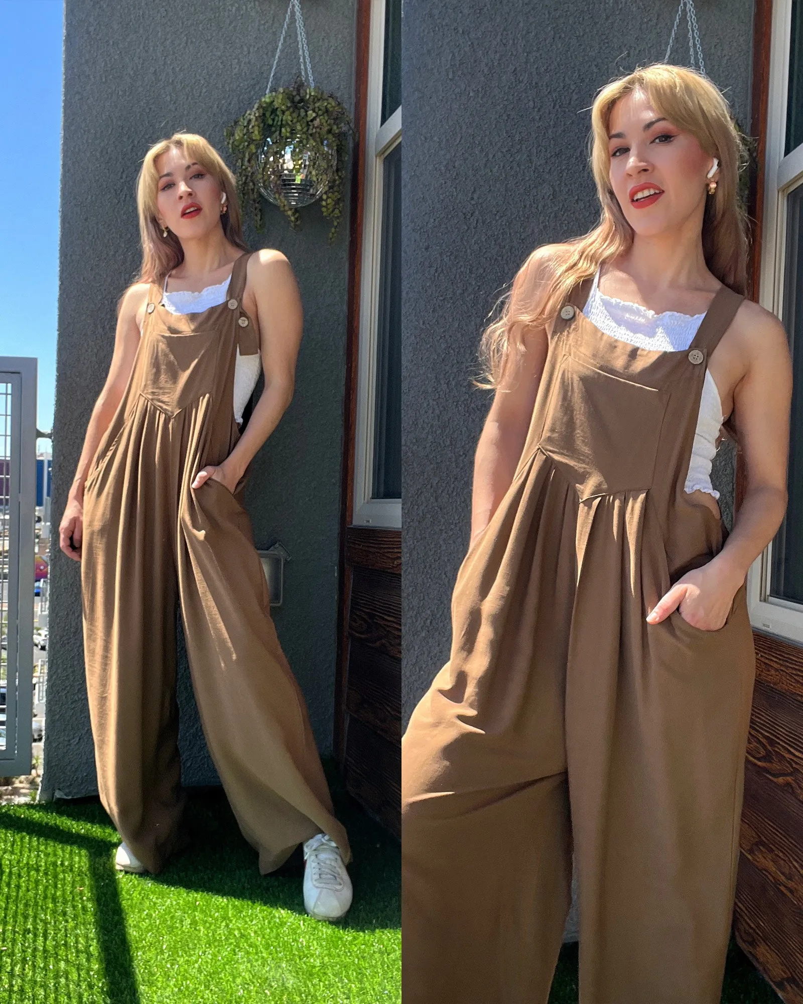 luvamia Jumpsuits for Women Casual Loose Wide Leg Boho Overall Jumpsuit Baggy Summer Outfits with Pockets Bib Overalls