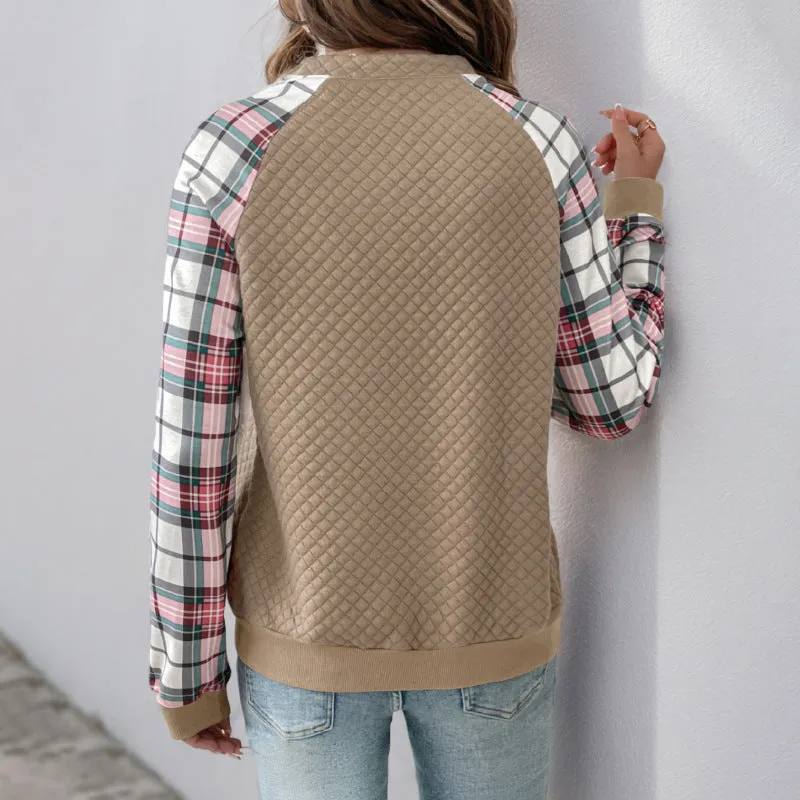 METAVERSMALL New new autumn women's plaid splicing top  retro splicing retro texture pullover sweater