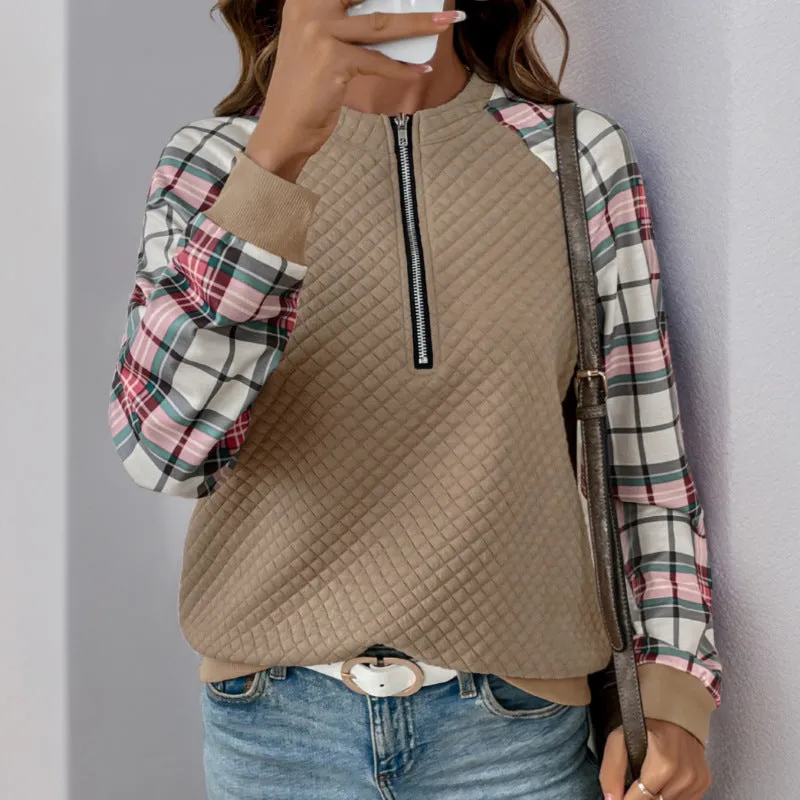 METAVERSMALL New new autumn women's plaid splicing top  retro splicing retro texture pullover sweater