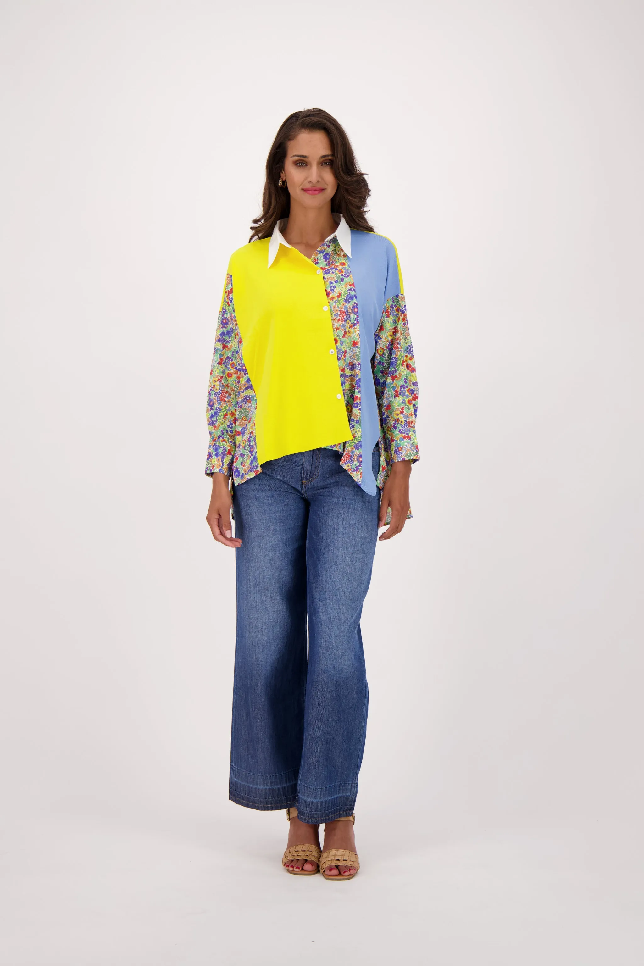 Mixed Media Solid Print Combo Asymmetric Hem Shirt