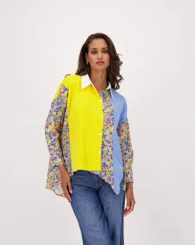 Mixed Media Solid Print Combo Asymmetric Hem Shirt