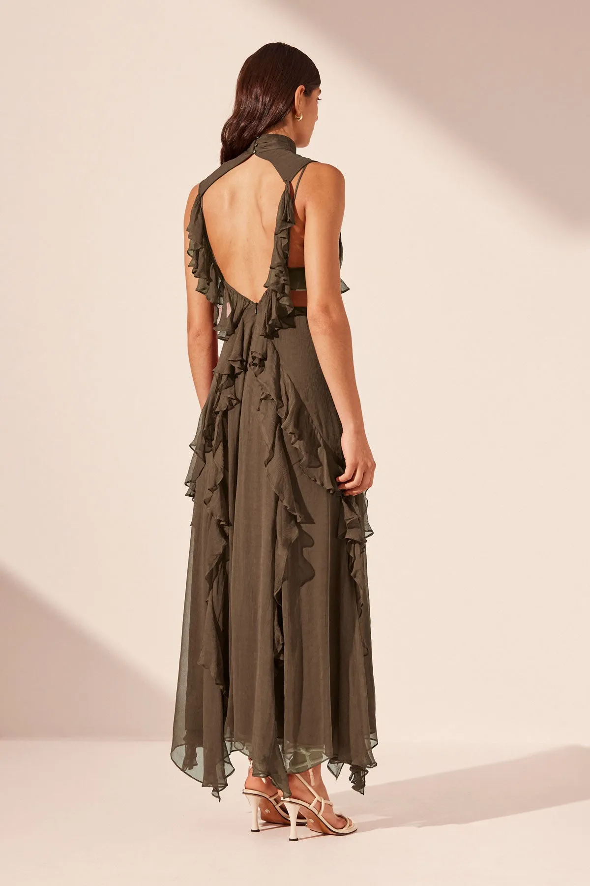 ODEN BACKLESS FRILL MAXI DRESS - OLIVE