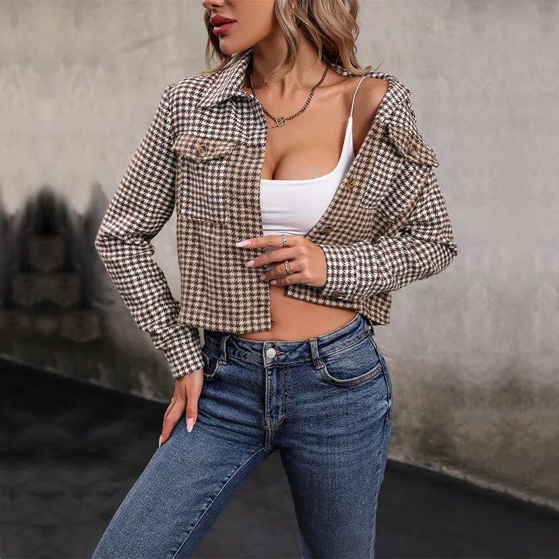 PEOPLETERRITORY New autumn new plaid jacket  short lapel top splicing plaid jacket