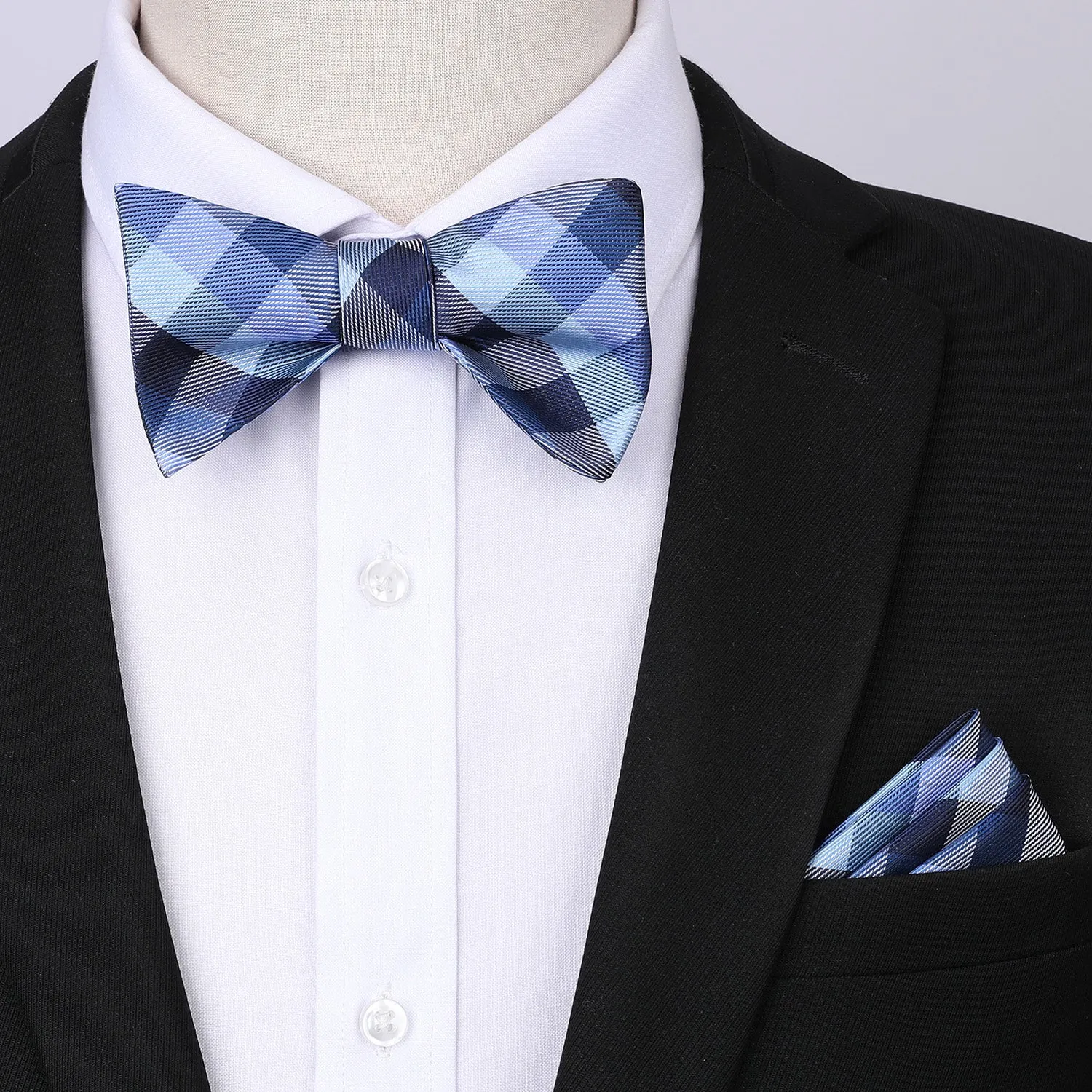 Plaid Suspender Pre-Tied Bow Tie Handkerchief - B9-BLUE