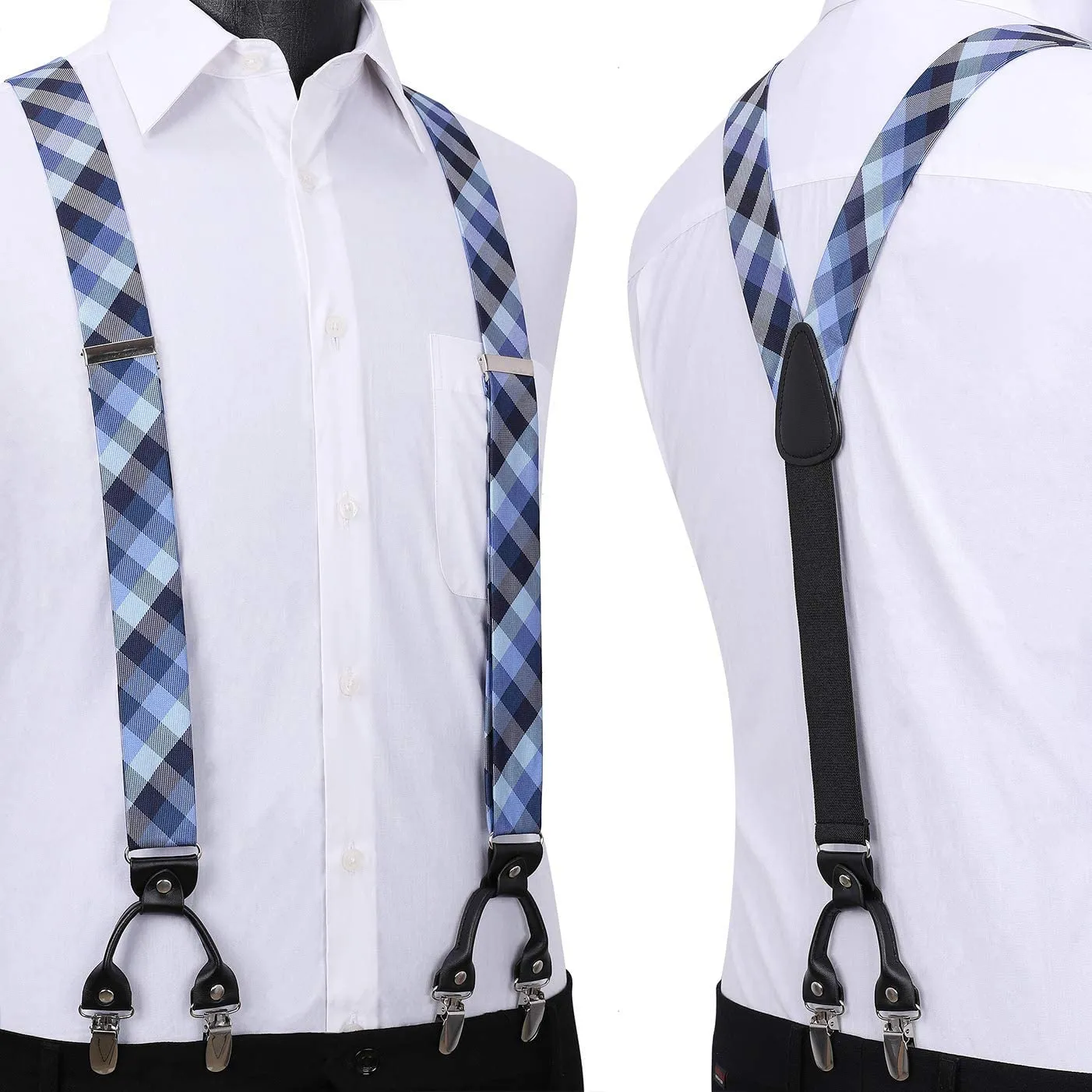 Plaid Suspender Pre-Tied Bow Tie Handkerchief - B9-BLUE