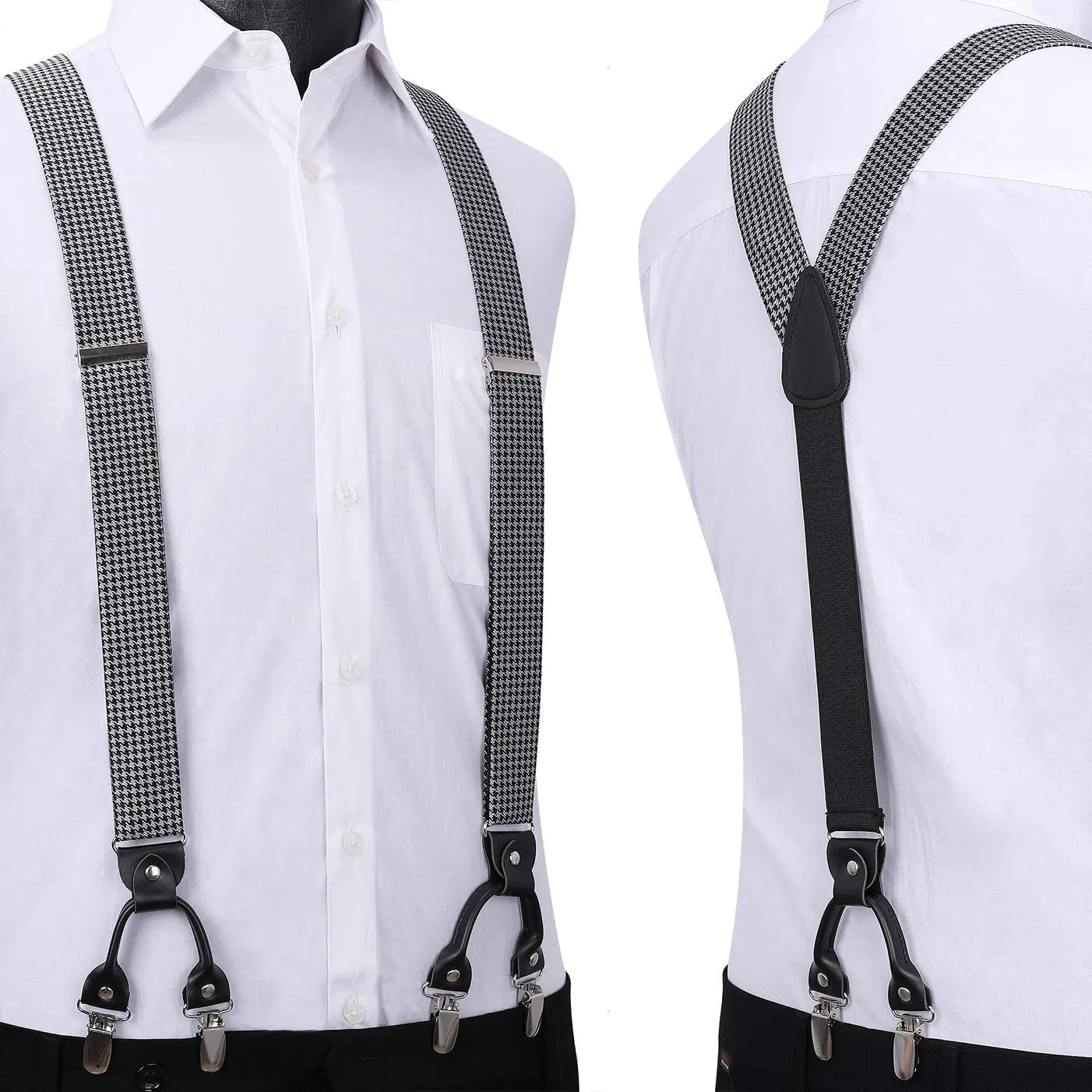 Plaid Suspender Pre-Tied Bow Tie Handkerchief - D7-BLACK/WHITE