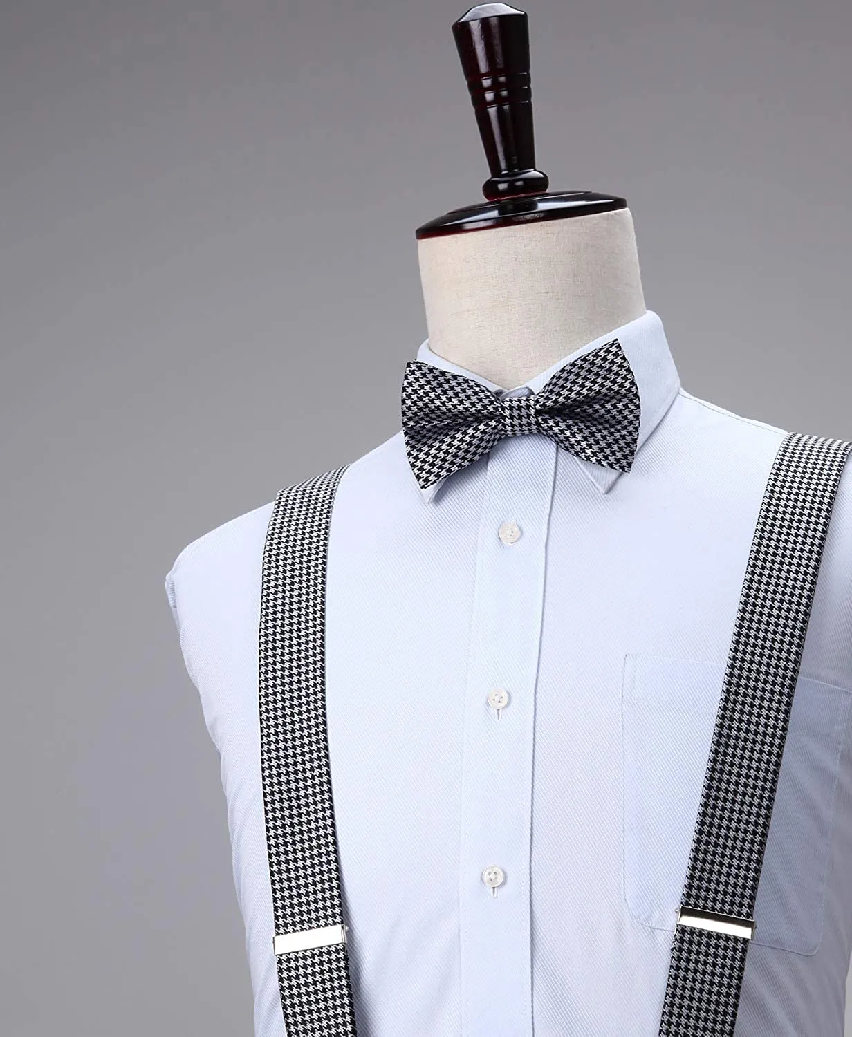 Plaid Suspender Pre-Tied Bow Tie Handkerchief - D7-BLACK/WHITE