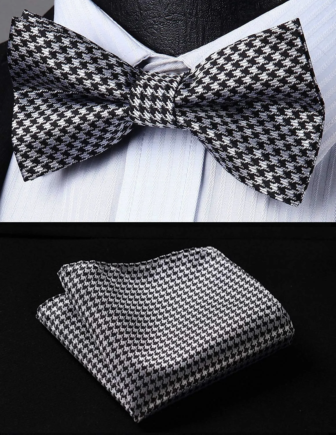 Plaid Suspender Pre-Tied Bow Tie Handkerchief - D7-BLACK/WHITE