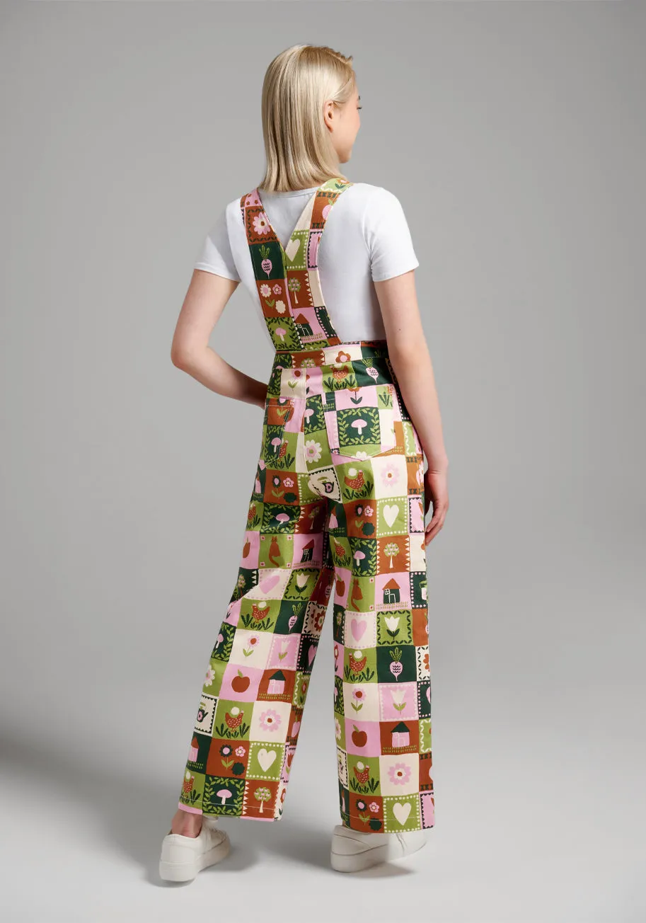 Playful Prairie Patchwork Wide-Leg Overalls