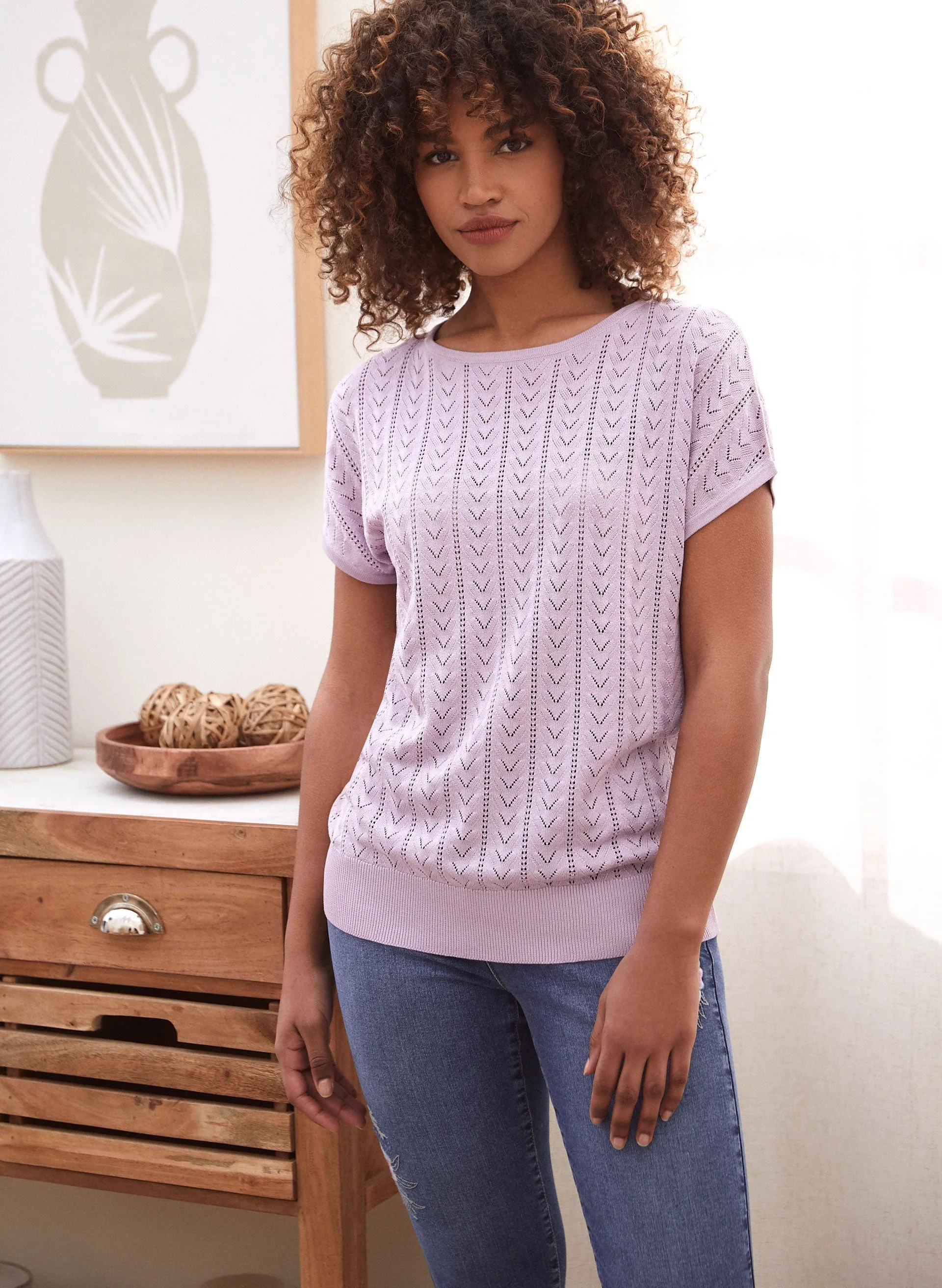 Pointelle Short Sleeve Sweater