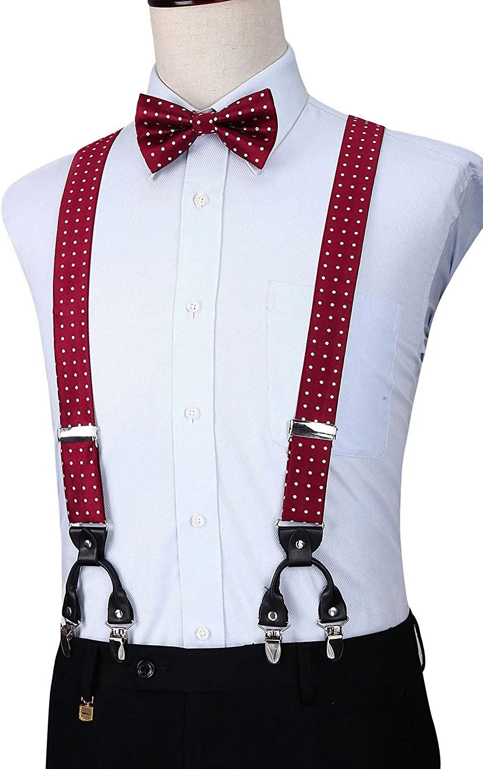 Polka Dot Suspender Pre-Tied Bow Tie Handkerchief - C5-RED