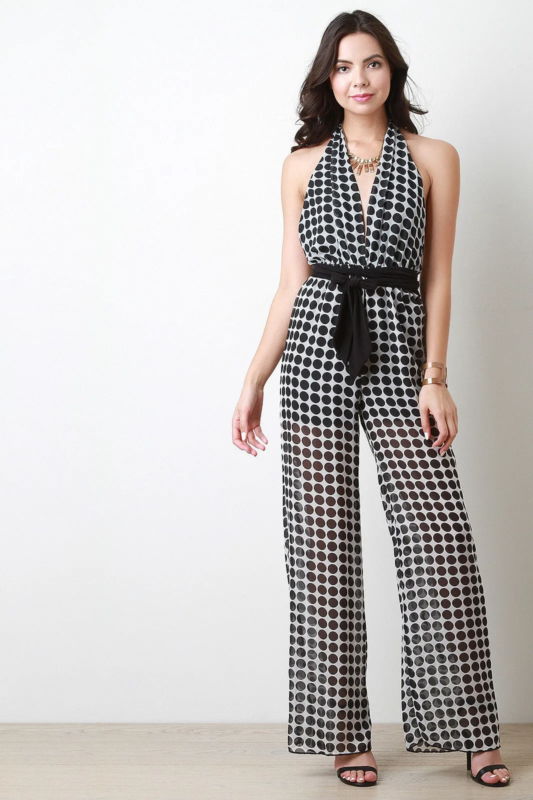 Polka Dots Chiffon Halter Jumpsuit